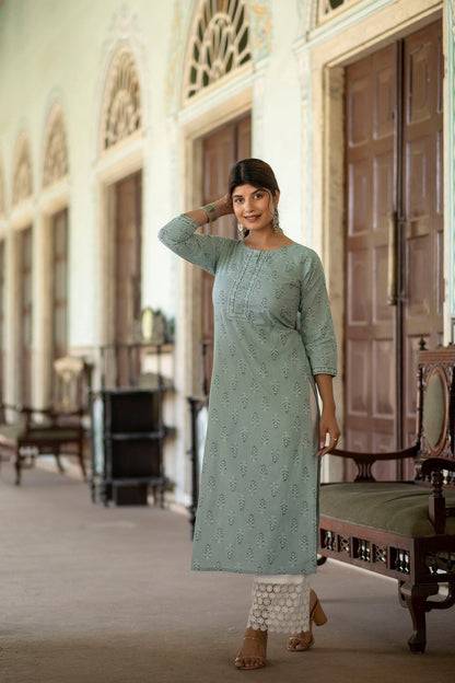 Women Green Ethnic Printed Straight Kurta With Three Quarter Sleeves | LASVINI - Redefining Indian Fashion with Elegance