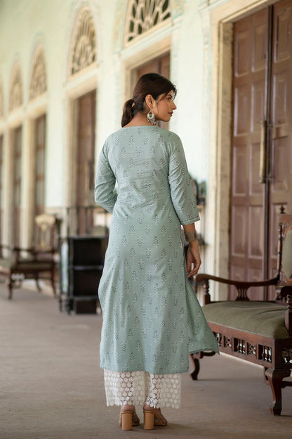 Women Green Ethnic Printed Straight Kurta With Three Quarter Sleeves | LASVINI - Redefining Indian Fashion with Elegance