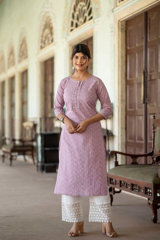 Women Purple Ethnic Printed Straight Kurta With Three Quarter Sleeves | LASVINI - Redefining Indian Fashion with Elegance