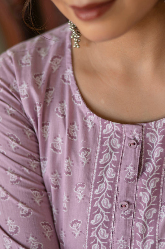 Women Purple Ethnic Printed Straight Kurta With Three Quarter Sleeves | LASVINI - Redefining Indian Fashion with Elegance