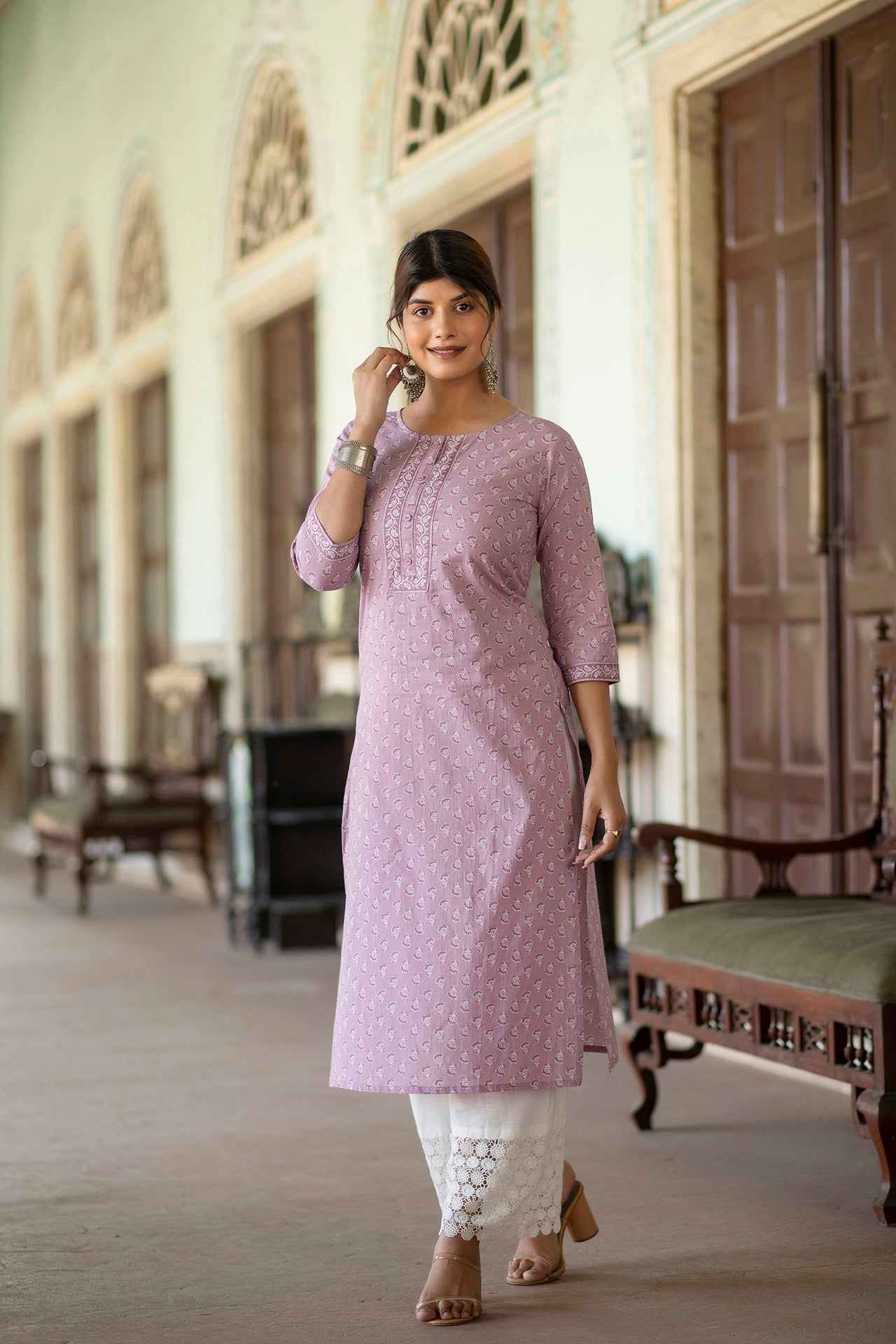 Women Purple Ethnic Printed Straight Kurta With Three Quarter Sleeves | LASVINI - Redefining Indian Fashion with Elegance