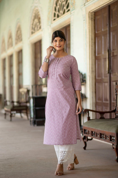 Women Purple Ethnic Printed Straight Kurta With Three Quarter Sleeves | LASVINI - Redefining Indian Fashion with Elegance