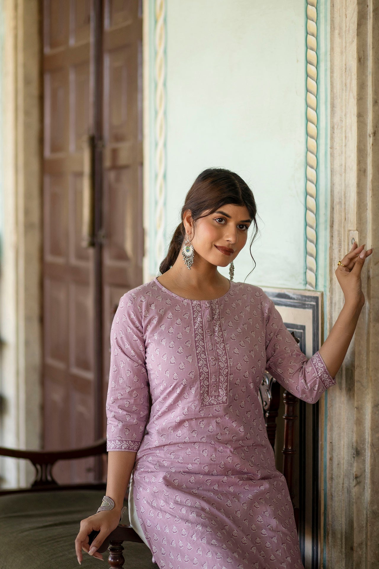 Women Purple Ethnic Printed Straight Kurta With Three Quarter Sleeves | LASVINI - Redefining Indian Fashion with Elegance