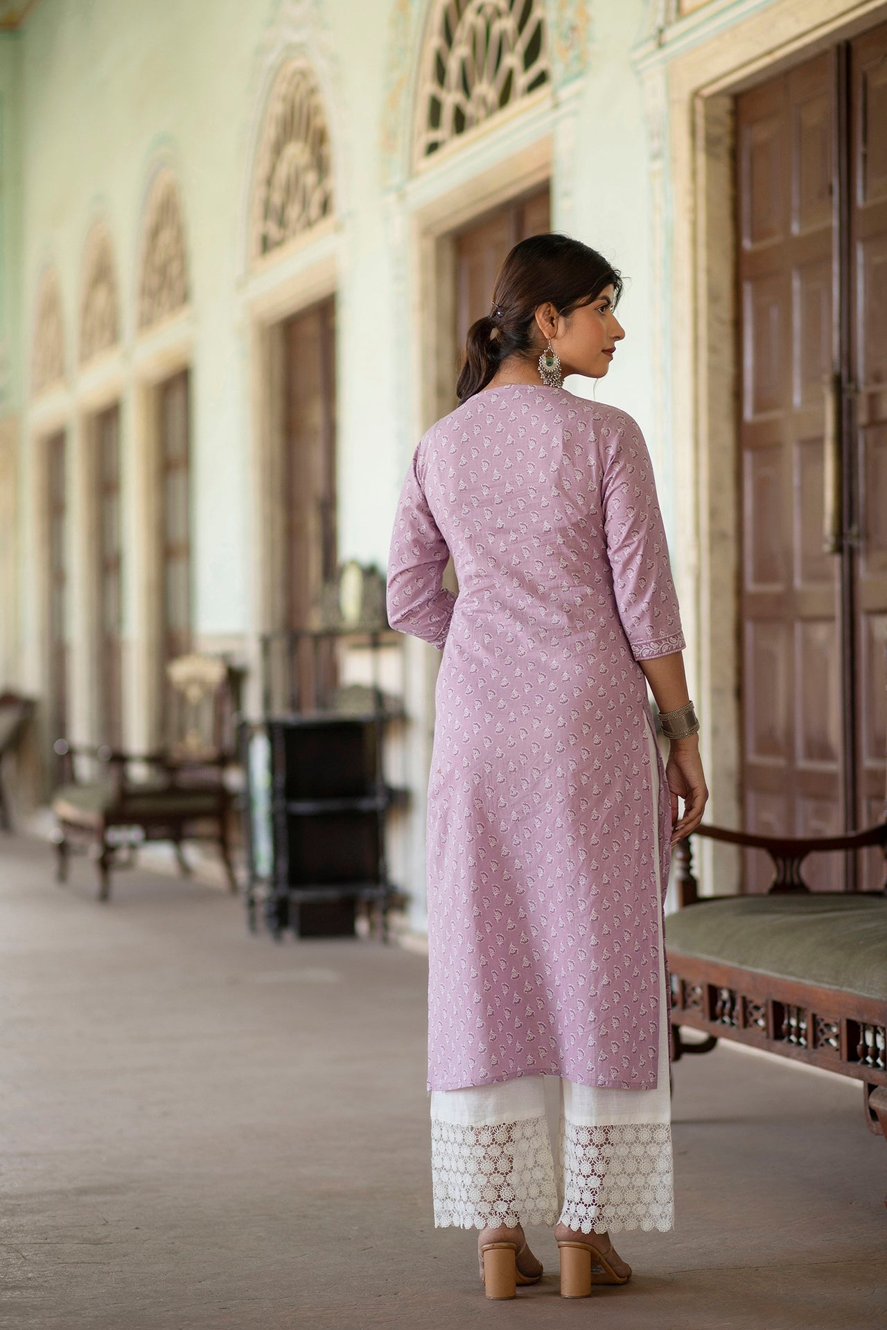 Women Purple Ethnic Printed Straight Kurta With Three Quarter Sleeves | LASVINI - Redefining Indian Fashion with Elegance