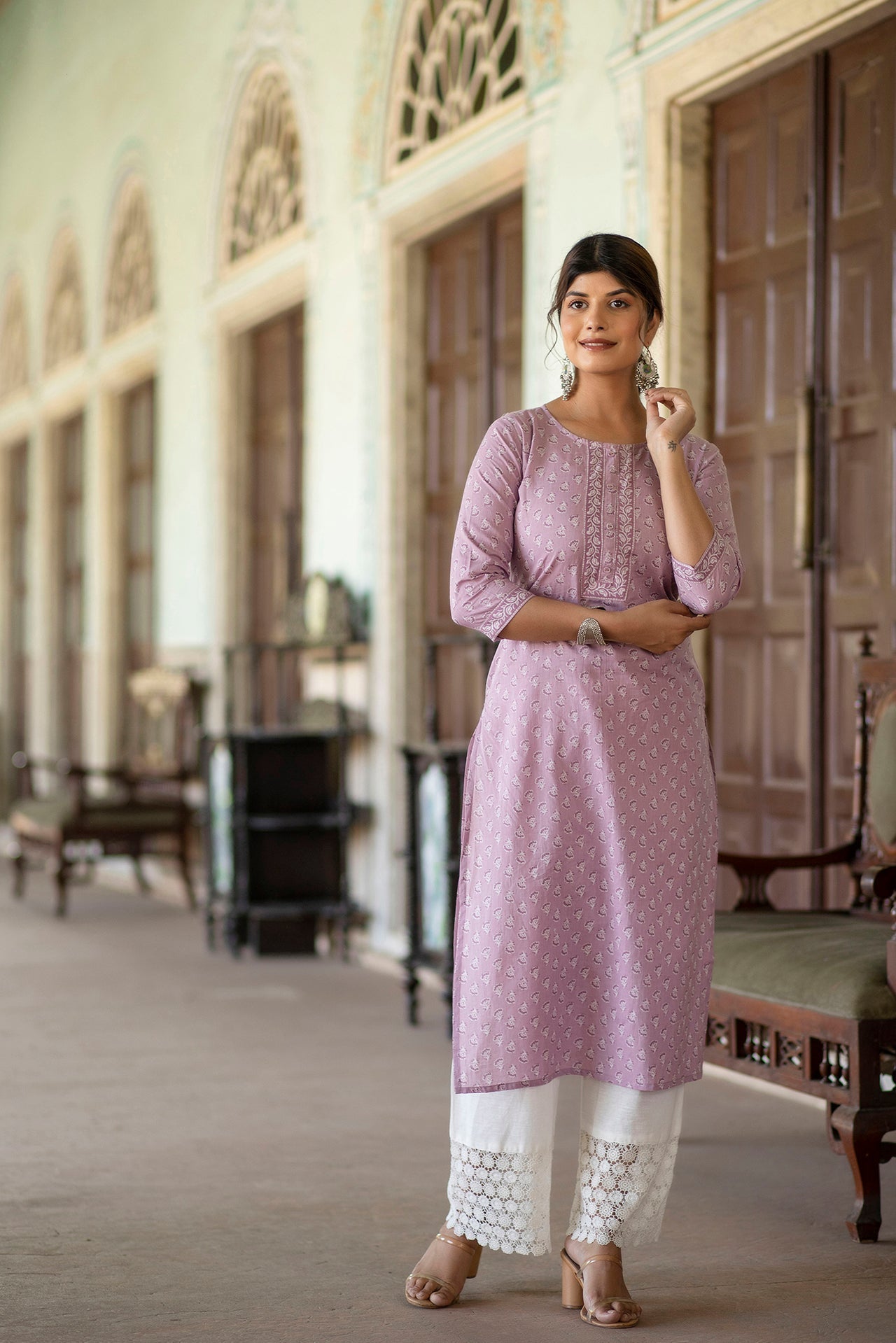 Women Purple Ethnic Printed Straight Kurta With Three Quarter Sleeves | LASVINI - Redefining Indian Fashion with Elegance