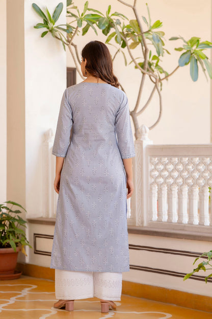 Women Purple Ethnic Printed Straight Kurta With Three Quarter Sleeves | LASVINI - Redefining Indian Fashion with Elegance