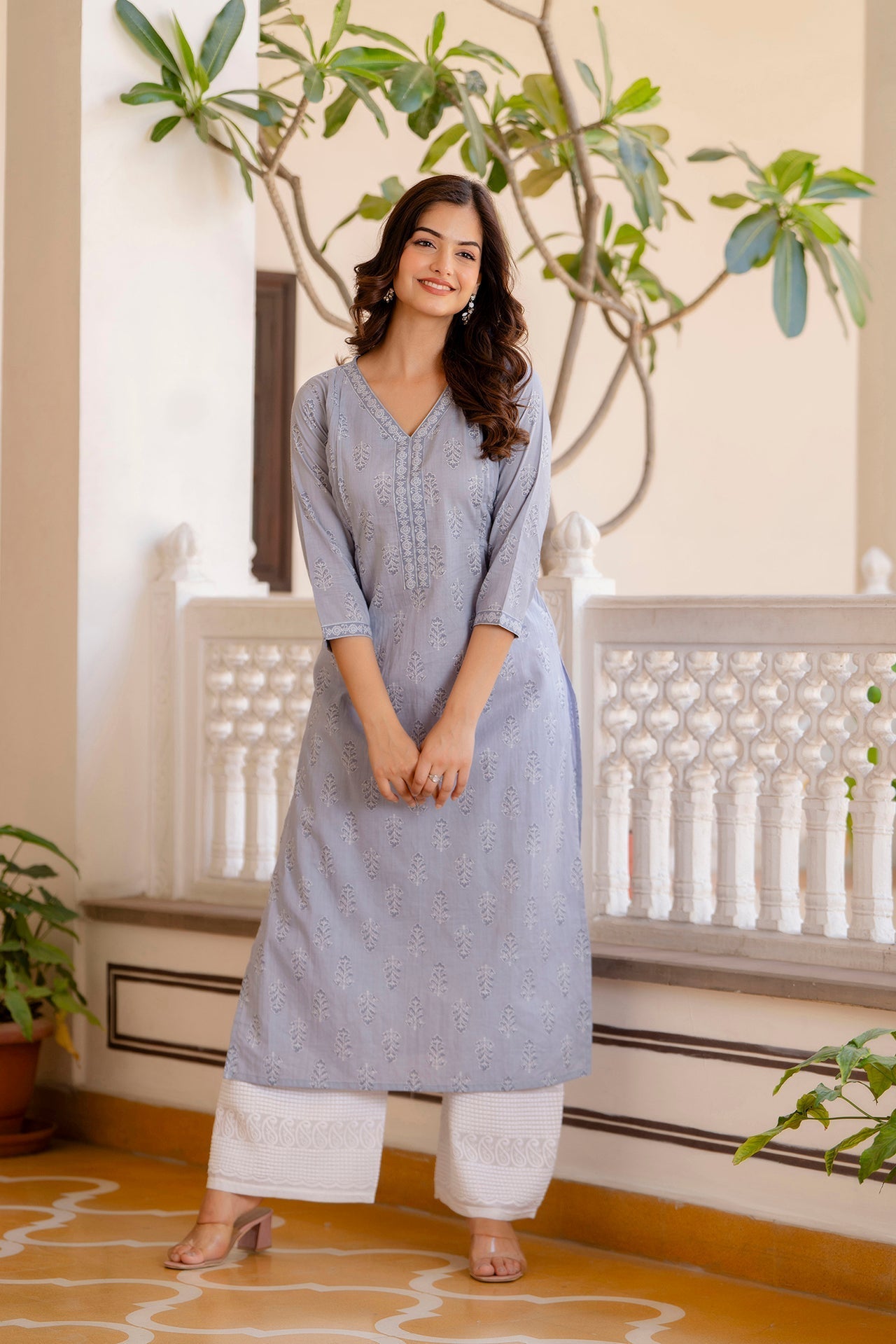 Women Purple Ethnic Printed Straight Kurta With Three Quarter Sleeves | LASVINI - Redefining Indian Fashion with Elegance