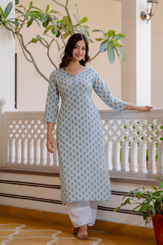 Women Green Ethnic Printed Straight Kurta With Three Quarter Sleeves | LASVINI - Redefining Indian Fashion with Elegance