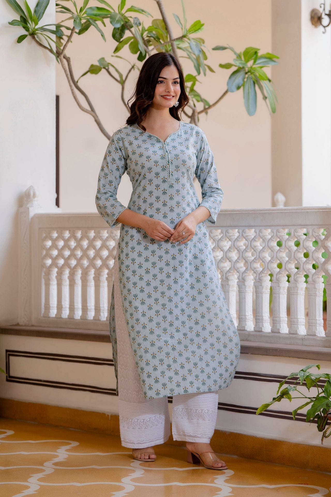 Women Green Ethnic Printed Straight Kurta With Three Quarter Sleeves | LASVINI - Redefining Indian Fashion with Elegance