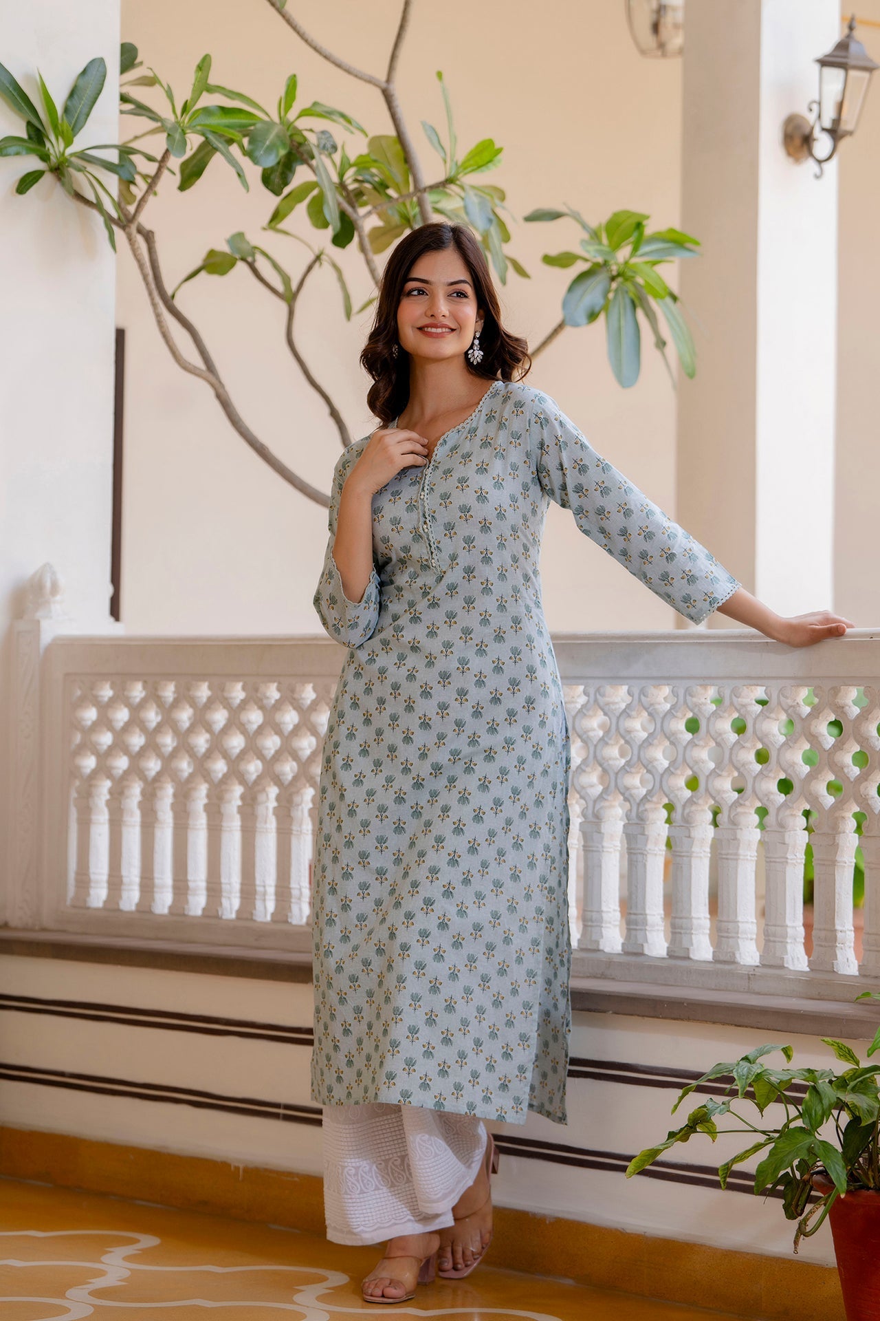 Women Green Ethnic Printed Straight Kurta With Three Quarter Sleeves | LASVINI - Redefining Indian Fashion with Elegance