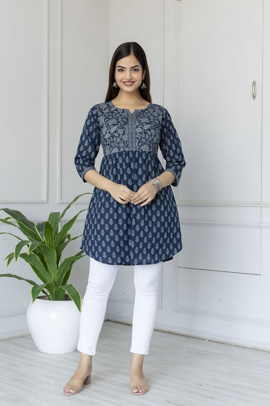 Women Blue Printed Tunic With Three Quarter Sleeves | LASVINI - Redefining Indian Fashion with Elegance