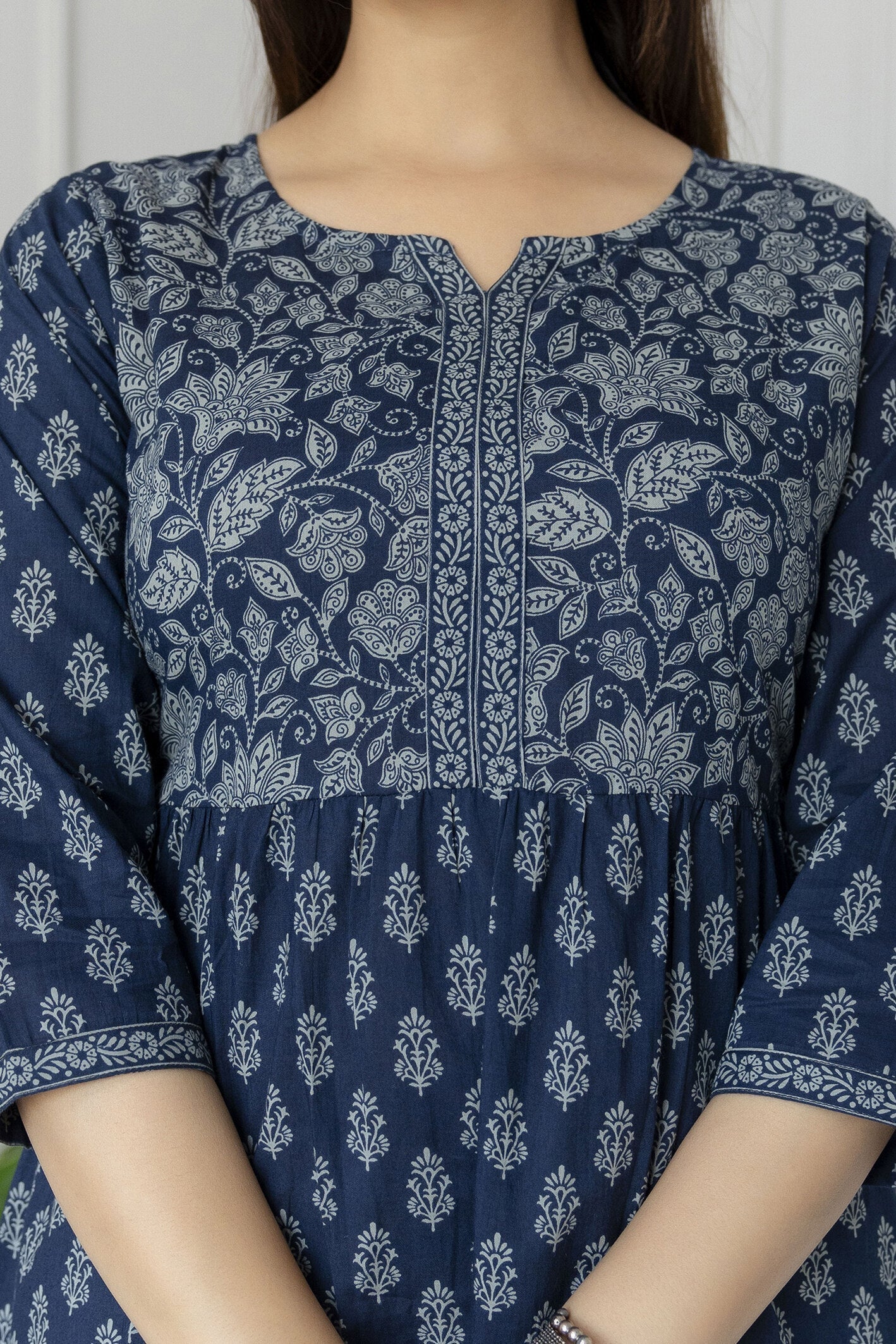 Women Blue Printed Tunic With Three Quarter Sleeves | LASVINI - Redefining Indian Fashion with Elegance