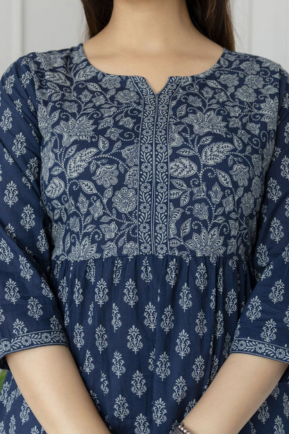 Women Blue Printed Tunic With Three Quarter Sleeves | LASVINI - Redefining Indian Fashion with Elegance