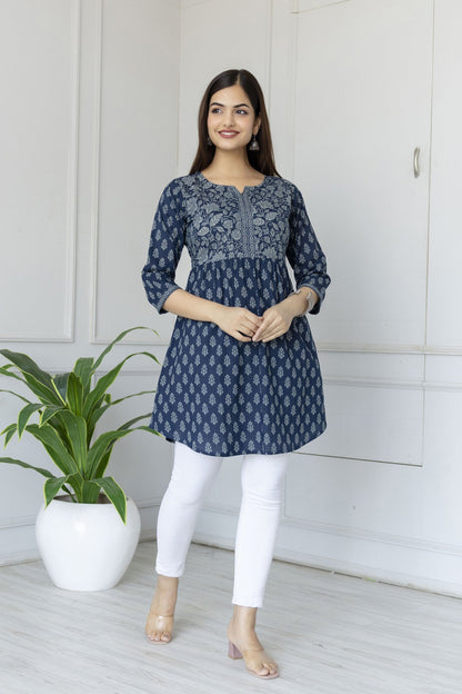 Women Blue Printed Tunic With Three Quarter Sleeves | LASVINI - Redefining Indian Fashion with Elegance