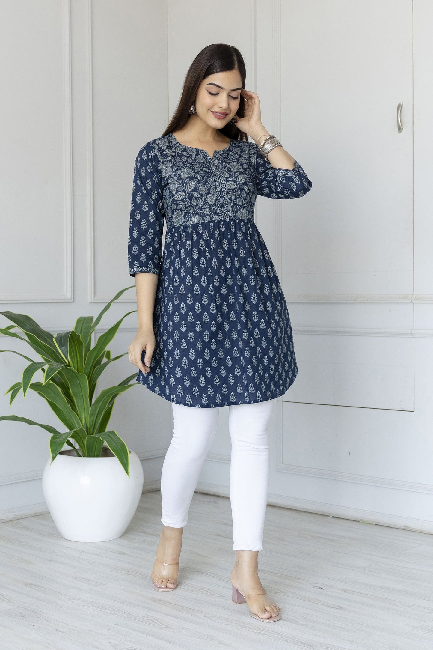 Women Blue Printed Tunic With Three Quarter Sleeves | LASVINI - Redefining Indian Fashion with Elegance