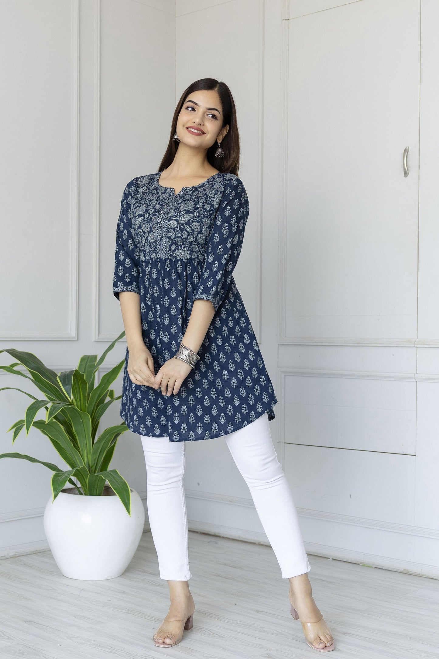 Women Blue Printed Tunic With Three Quarter Sleeves | LASVINI - Redefining Indian Fashion with Elegance