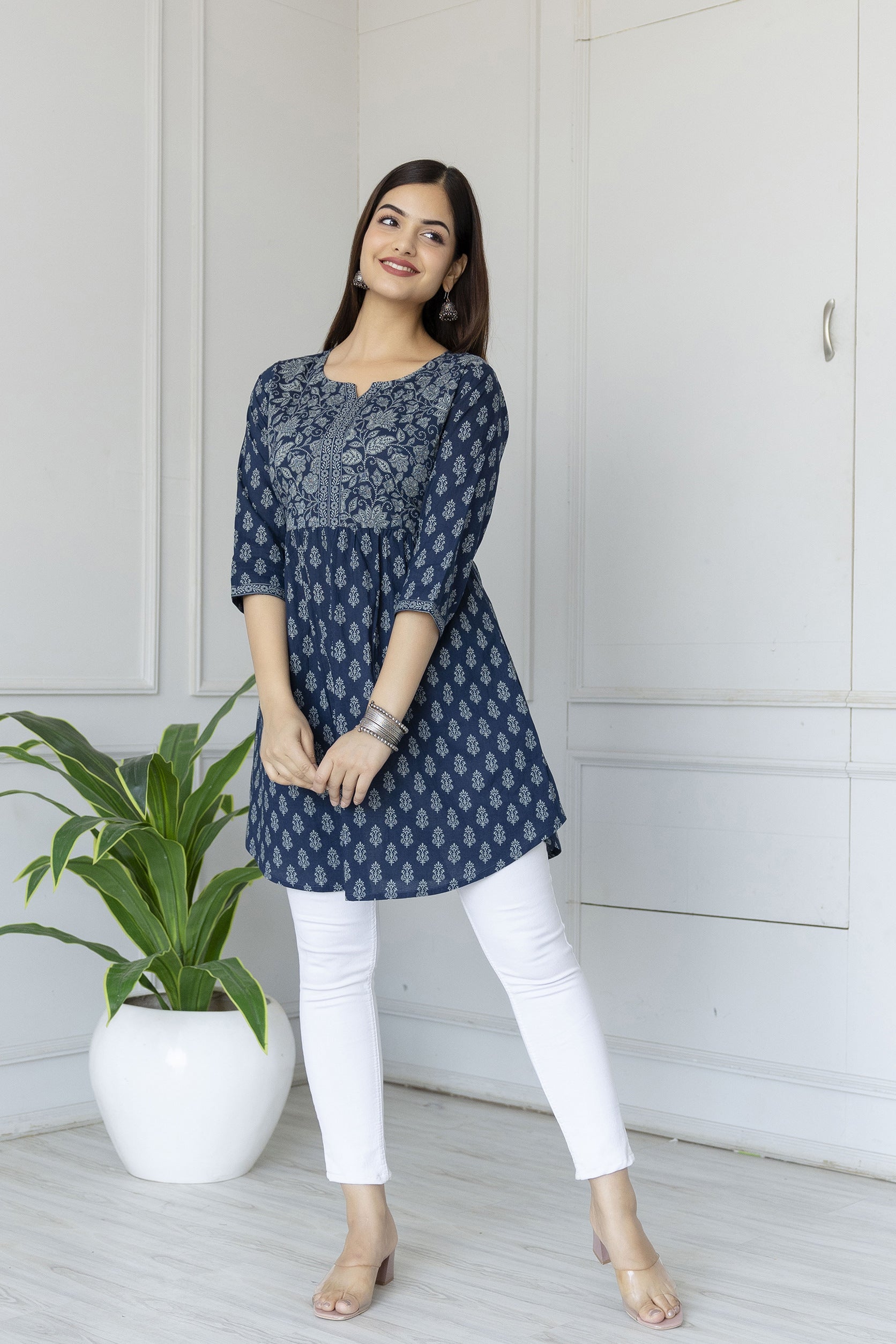 Women Blue Printed Tunic With Three Quarter Sleeves | LASVINI - Redefining Indian Fashion with Elegance