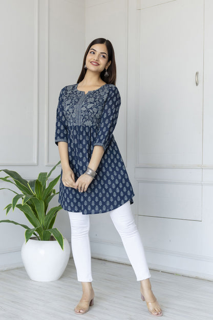 Women Blue Printed Tunic With Three Quarter Sleeves | LASVINI - Redefining Indian Fashion with Elegance