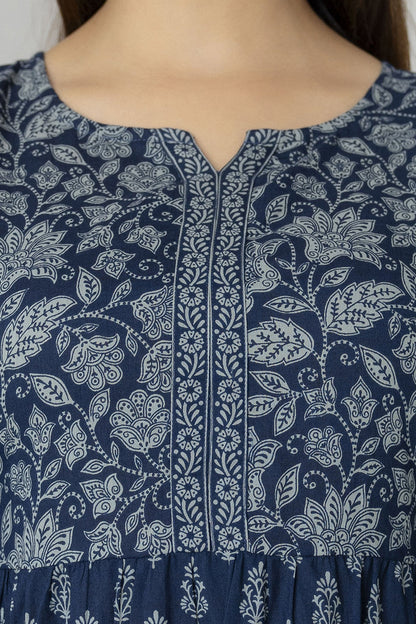 Women Blue Printed Tunic With Three Quarter Sleeves | LASVINI - Redefining Indian Fashion with Elegance