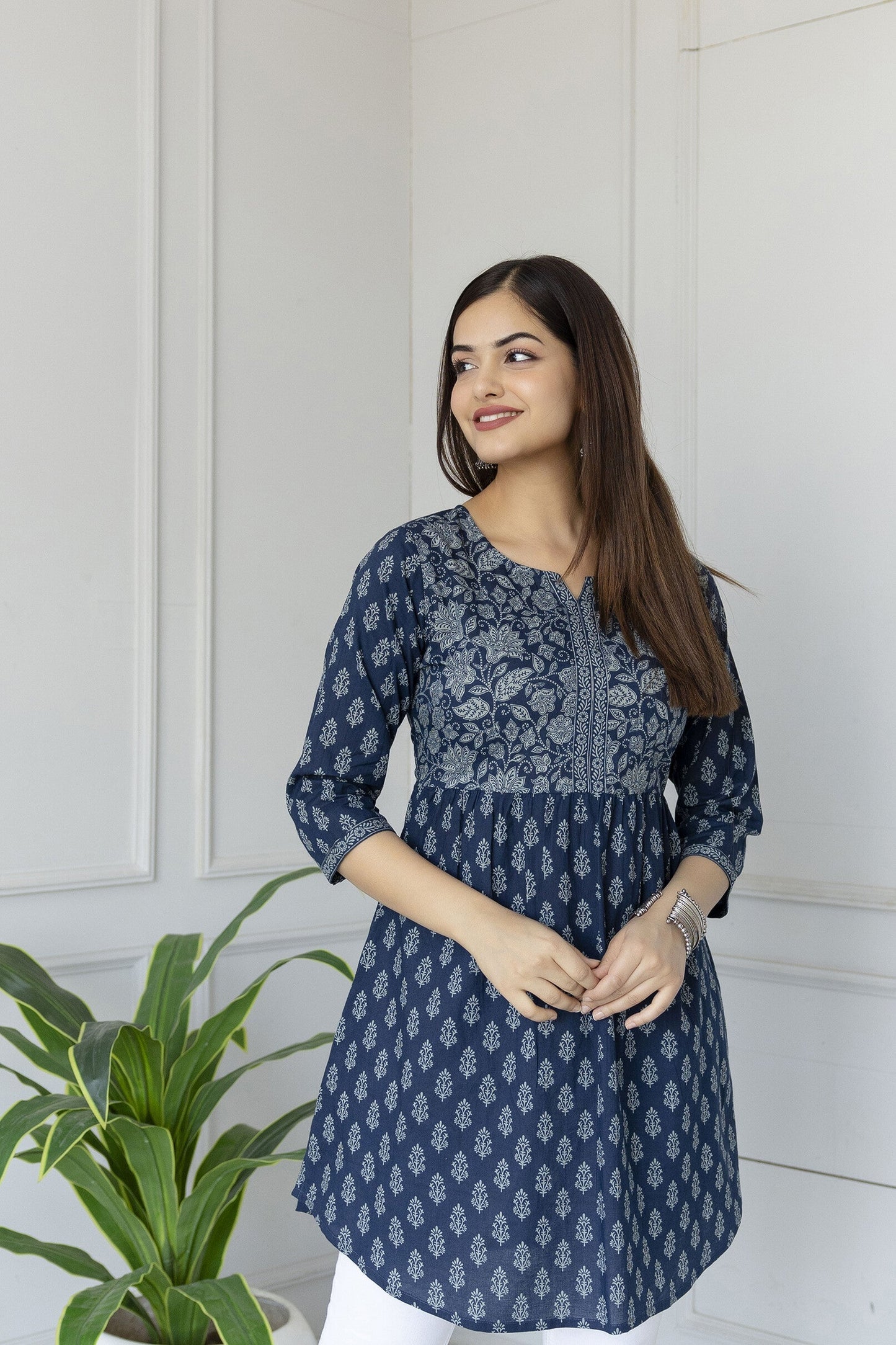 Women Blue Printed Tunic With Three Quarter Sleeves | LASVINI - Redefining Indian Fashion with Elegance