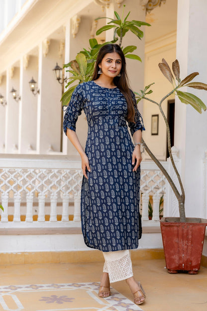 Women Navy Blue Printed Straight Kurta With Three Quarter Sleeves | LASVINI - Redefining Indian Fashion with Elegance
