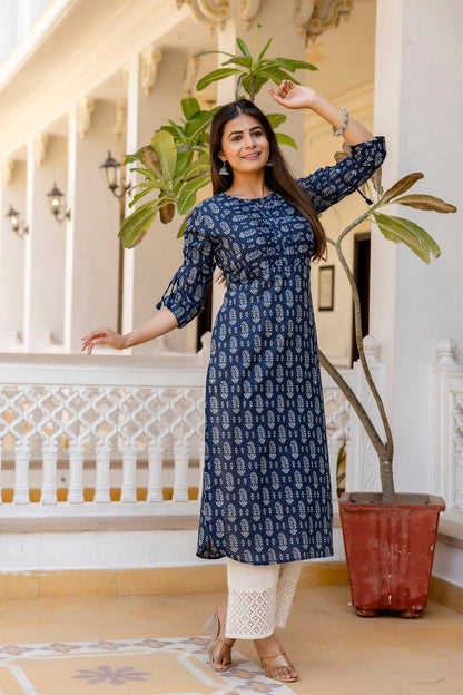 Women Navy Blue Printed Straight Kurta With Three Quarter Sleeves | LASVINI - Redefining Indian Fashion with Elegance