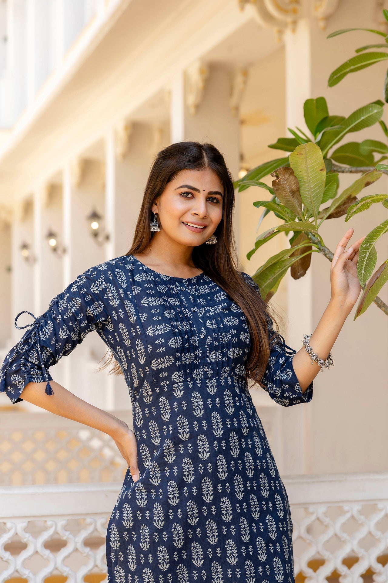 Women Navy Blue Printed Straight Kurta With Three Quarter Sleeves | LASVINI - Redefining Indian Fashion with Elegance