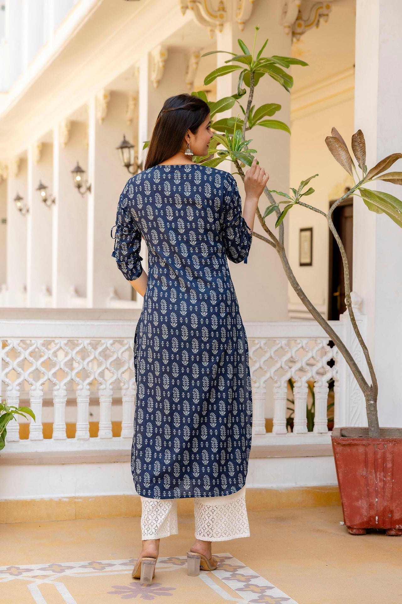 Women Navy Blue Printed Straight Kurta With Three Quarter Sleeves | LASVINI - Redefining Indian Fashion with Elegance