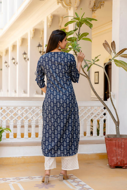 Women Navy Blue Printed Straight Kurta With Three Quarter Sleeves | LASVINI - Redefining Indian Fashion with Elegance