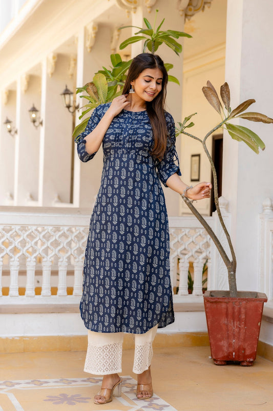 Women Navy Blue Printed Straight Kurta With Three Quarter Sleeves | LASVINI - Redefining Indian Fashion with Elegance