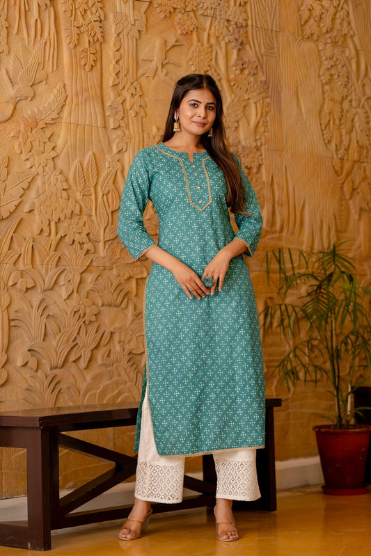 Women Green Bandhani Printed Straight Kurta | LASVINI - Redefining Indian Fashion with Elegance