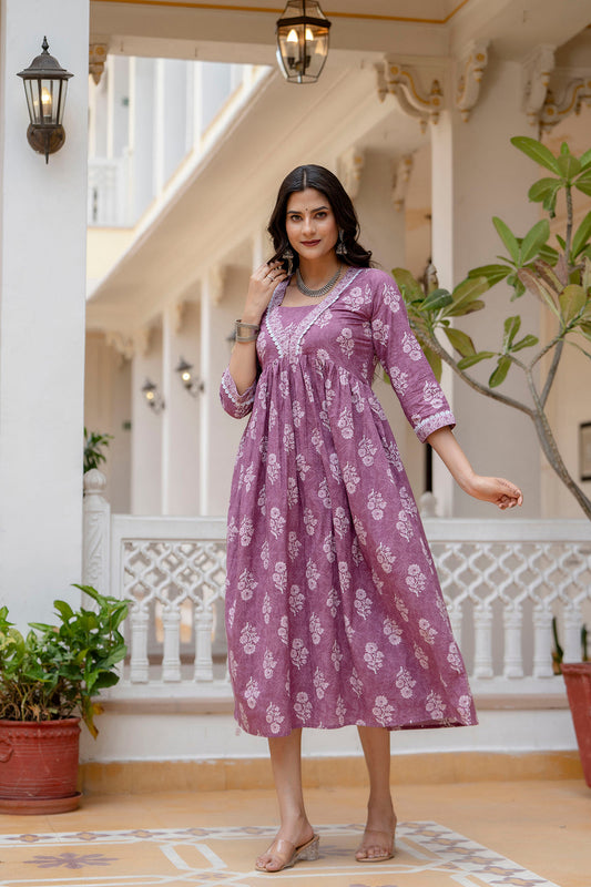 Women Purple Ethnic Printed Flared Dress | LASVINI - Redefining Indian Fashion with Elegance