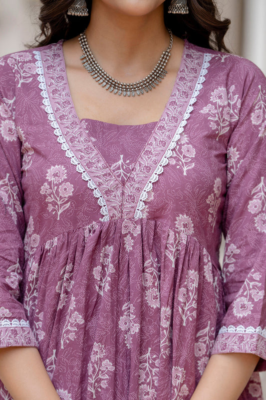 Women Purple Ethnic Printed Flared Dress | LASVINI - Redefining Indian Fashion with Elegance