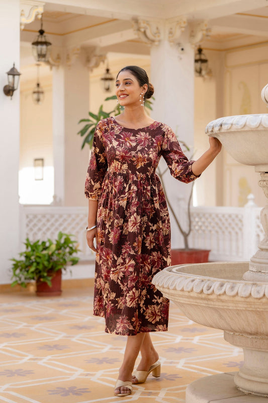 Women Burgundy Printed Flared Dress | LASVINI - Redefining Indian Fashion with Elegance