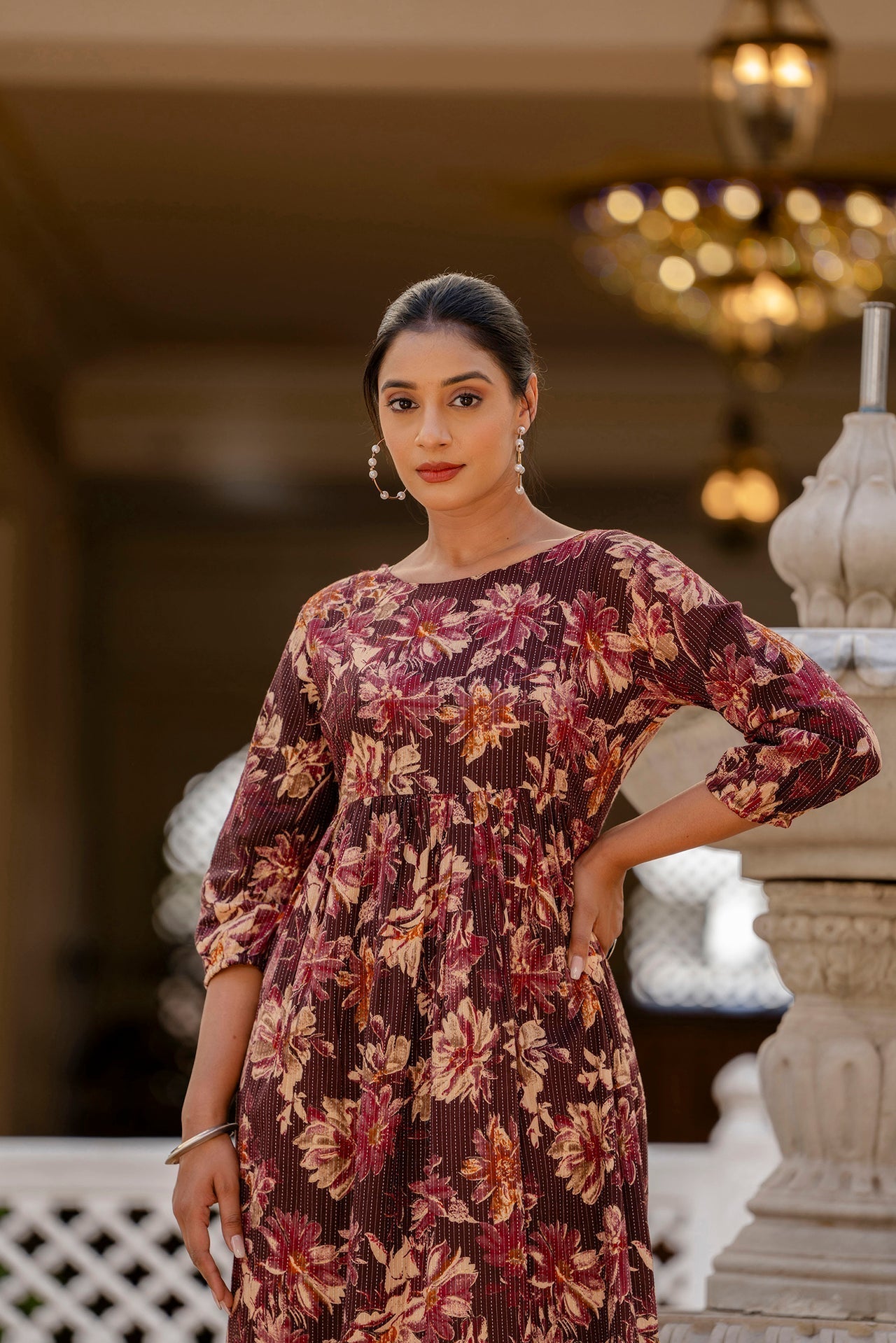 Women Burgundy Printed Flared Dress | LASVINI - Redefining Indian Fashion with Elegance