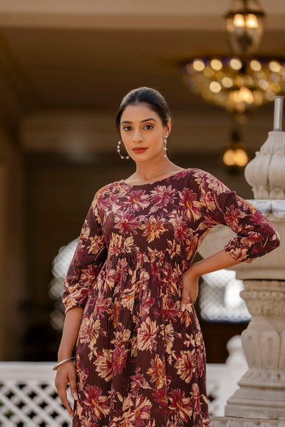 Women Burgundy Printed Flared Dress | LASVINI - Redefining Indian Fashion with Elegance