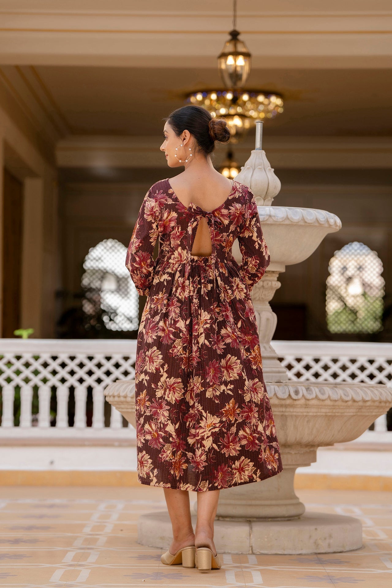 Women Burgundy Printed Flared Dress | LASVINI - Redefining Indian Fashion with Elegance