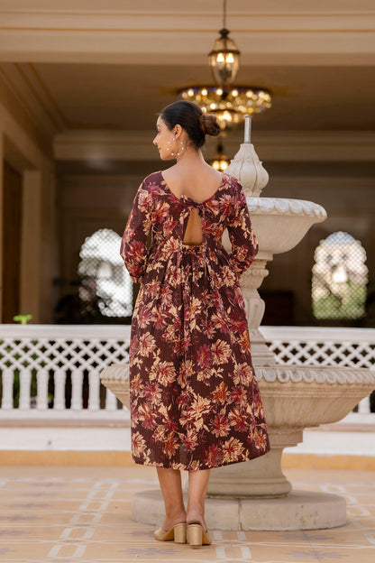 Women Burgundy Printed Flared Dress | LASVINI - Redefining Indian Fashion with Elegance