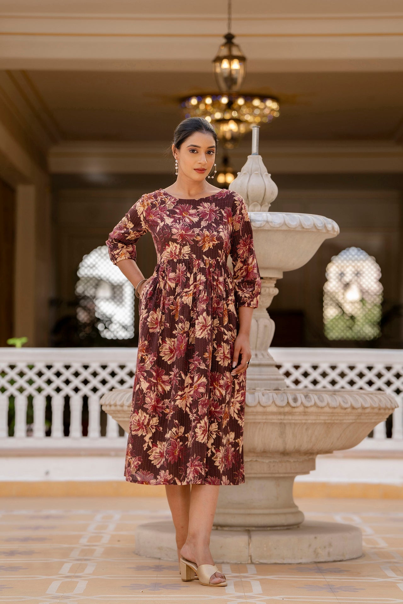 Women Burgundy Printed Flared Dress | LASVINI - Redefining Indian Fashion with Elegance