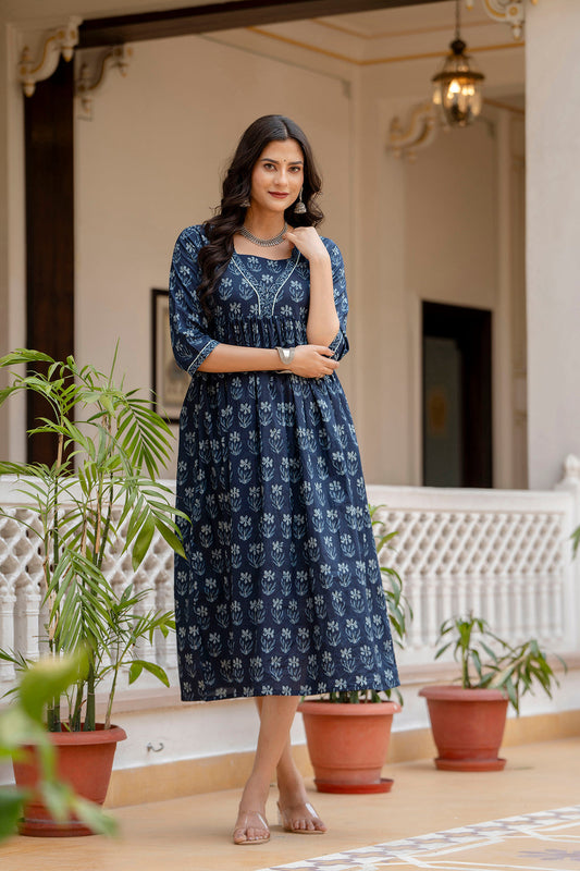 Women Navy Blue Ethnic Printed Flared Dress | LASVINI - Redefining Indian Fashion with Elegance