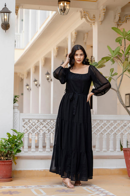 Women Black Georgette Flared Dress | LASVINI - Redefining Indian Fashion with Elegance