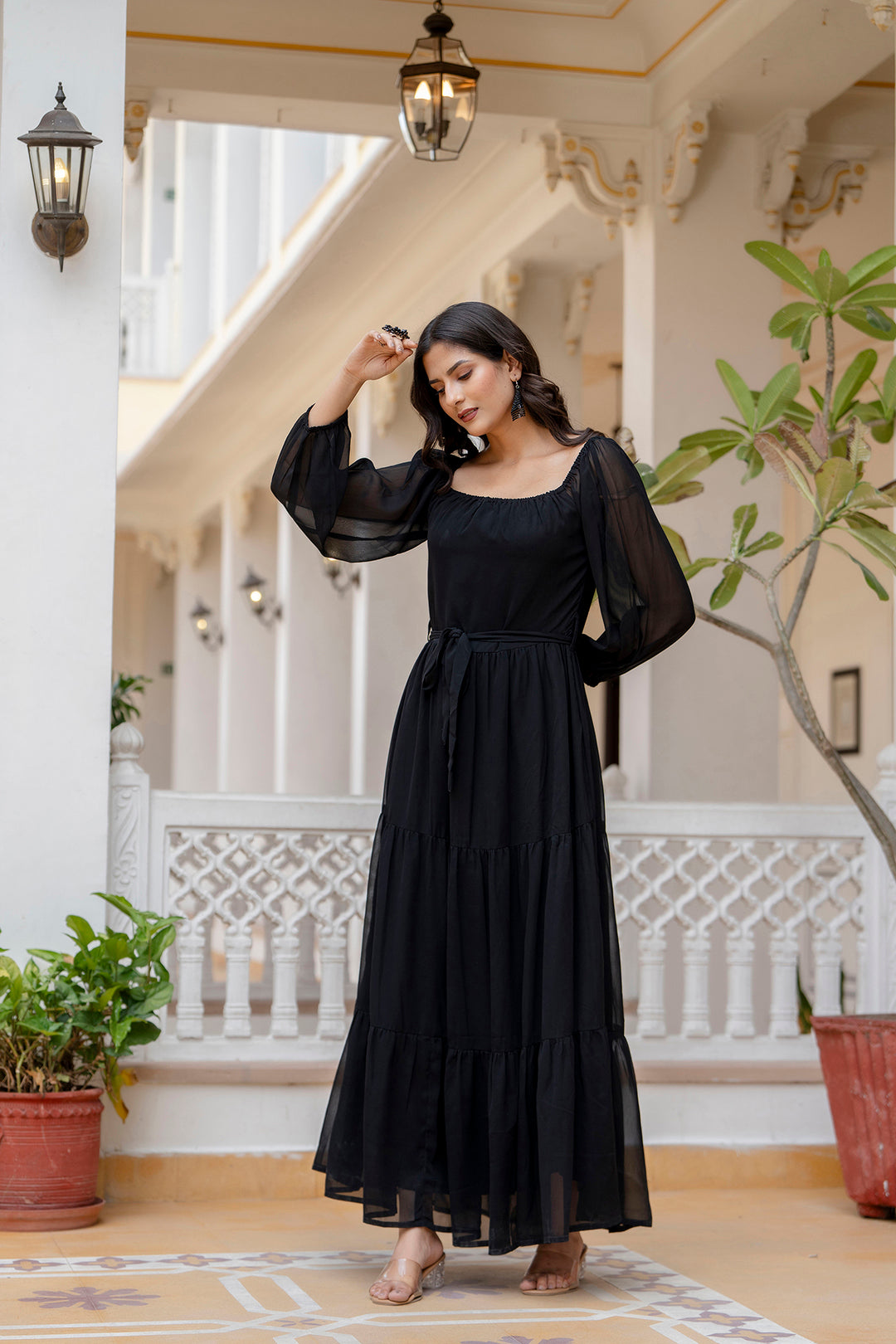 Women Black Georgette Flared Dress | LASVINI - Redefining Indian Fashion with Elegance