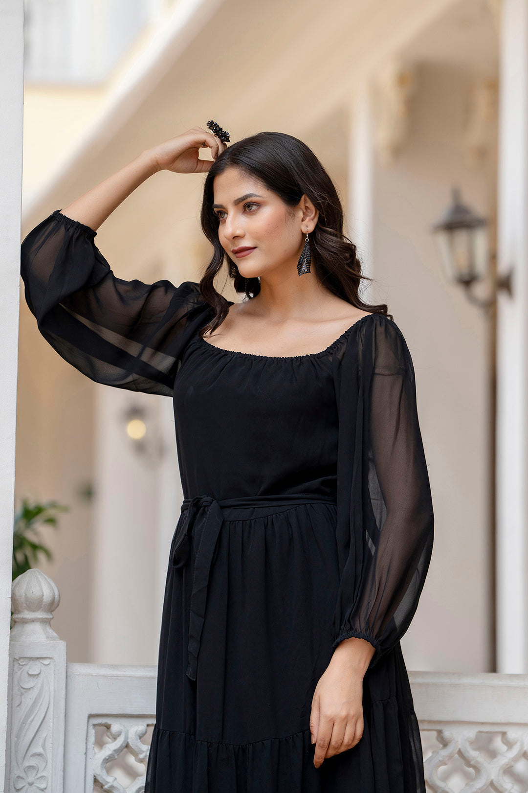 Women Black Georgette Flared Dress | LASVINI - Redefining Indian Fashion with Elegance