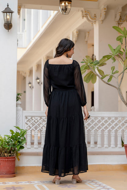 Women Black Georgette Flared Dress | LASVINI - Redefining Indian Fashion with Elegance