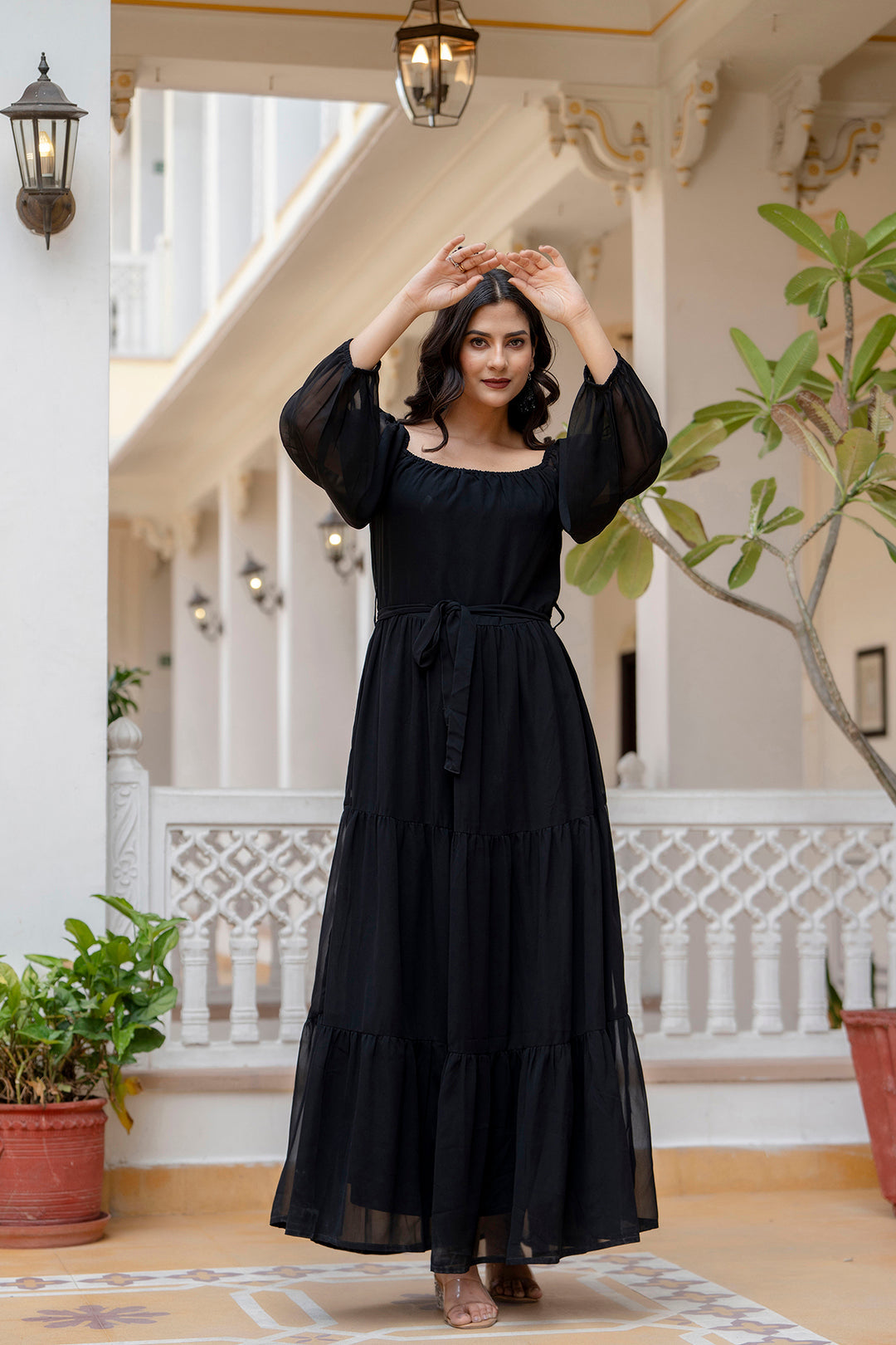 Women Black Georgette Flared Dress | LASVINI - Redefining Indian Fashion with Elegance