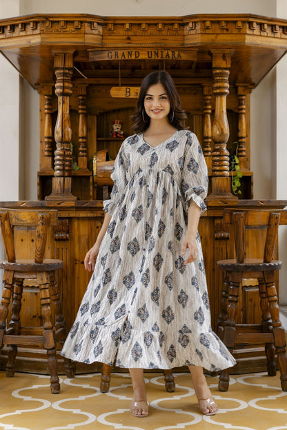 Women Off-White Printed Flared Dress | LASVINI - Redefining Indian Fashion with Elegance