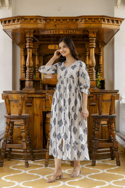 Women Off-White Printed Flared Dress | LASVINI - Redefining Indian Fashion with Elegance
