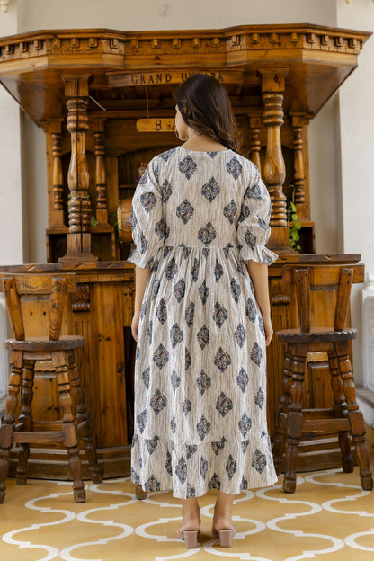 Women Off-White Printed Flared Dress | LASVINI - Redefining Indian Fashion with Elegance