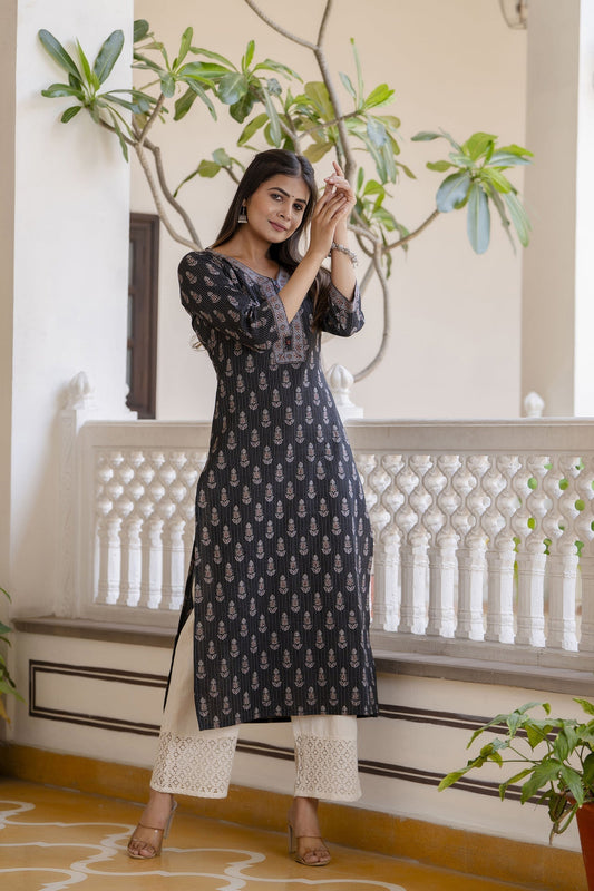 Women Black Printed Straight Kurta With Three Quarter Sleeves | LASVINI - Redefining Indian Fashion with Elegance