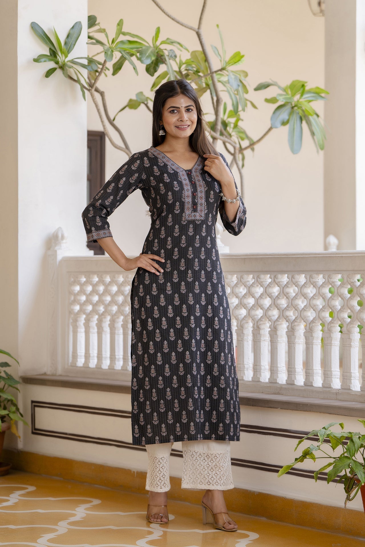 Women Black Printed Straight Kurta With Three Quarter Sleeves | LASVINI - Redefining Indian Fashion with Elegance